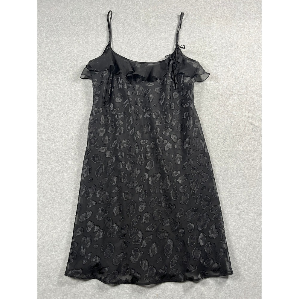 VTG Jones New York Slip Dress Women 1X Black Leopard Ruffle Sheer Goth Romantic